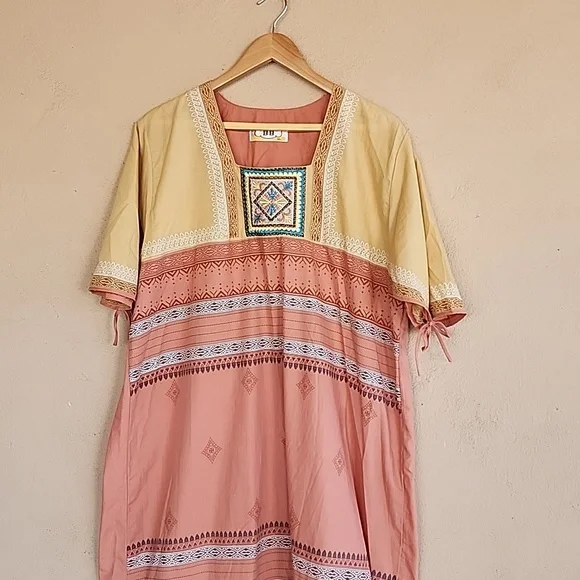 EGYPT Kaftan Maxi Dress XL Nightgown Batik Embroidered Egyptian Loungewear - Picture 14 of 15